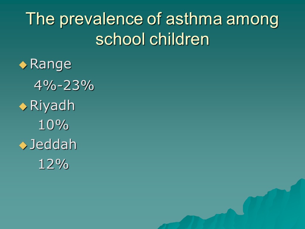 The prevalence of asthma among school children Range 4%-23% Riyadh 10% Jeddah 12%